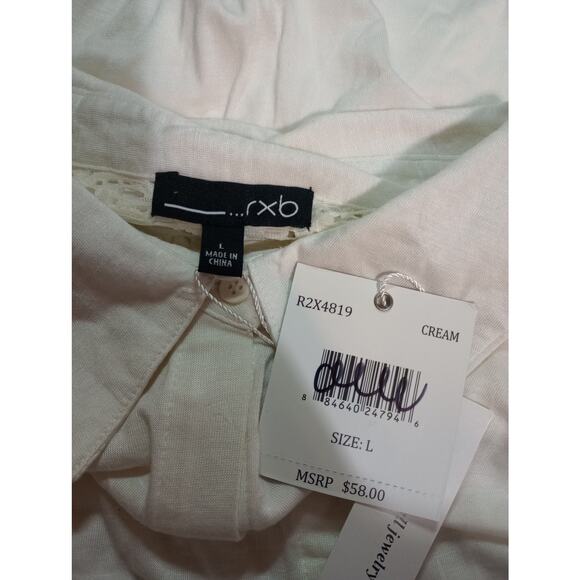 RXB‎ Blouse Womens Large Cream Lace Shoulder High Low Button Front Top NWT - Picture 5 of 8